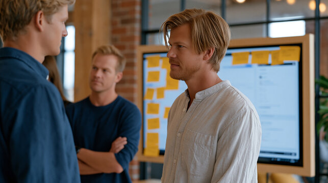 Startup customer obsession shown as a product team watches user session recordings on a large monitor, pausing and rewinding at moments of friction, sticky notes accumulating on