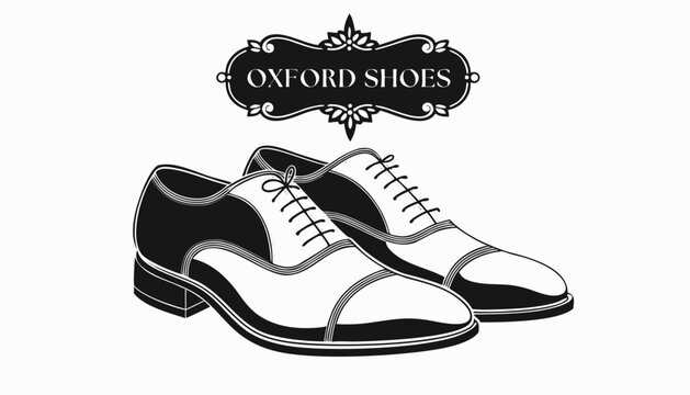 Very beautiful black-and-white engraved vector illustration featuring elegant OXFORD SHOES with refined stitching details and a decorative fashion label reading "OXFORD SHOES", isolated on white backg