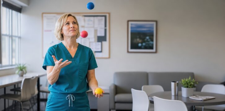 Generative AI, Female healthcare worker juggling balls in clinic break room
