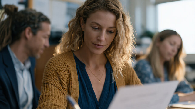 IEP meeting between a special education teacher, school psychologist, and overwhelmed single mother reviewing accommodation documents under harsh fluorescent school conference