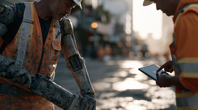 Exoskeleton-assisted laborer operating a heavy jackhammer on a rain-slicked urban road resurfacing project, site foreman marking utility positions on a digital ground-penetrating