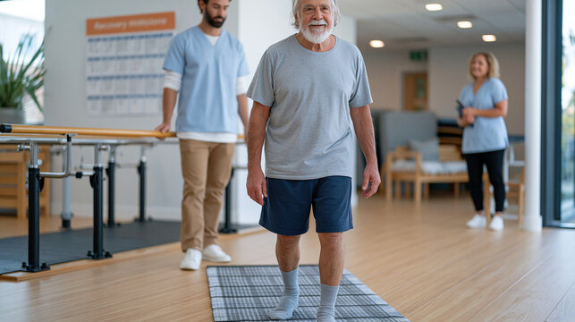 Physiotherapist supervises a neuroplasticity stroke rehabilitation balance exercise with an adult patient on a gym mat, assistive parallel bars in background, recovery milestone