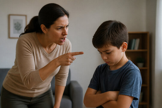 Mother scolding upset child in residential living room