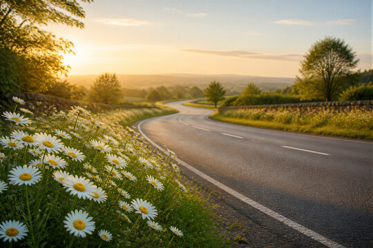 Country road winding past daisies under warm morning light