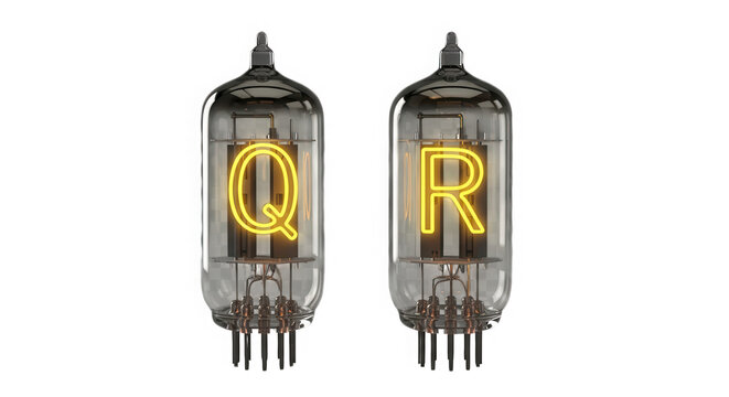 Two glowing nixie tube displays showing the letters Q and R isolated on transparent background