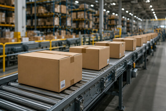 Cardboard Boxes Moving on a Conveyor Belt in a Warehouse Distribution Center