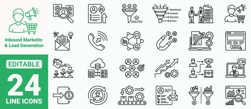 Inbound Marketing and Lead Generation Icon Set. Digital Sales Funnel, Customer Nurturing, A/B Split Testing, CRM Database, Corporate Handshake Business Line Vector Art