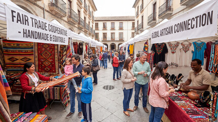 Obraz premium Colorful outdoor artisan market with diverse people shopping handmade crafts and fair trade goods in sunny street setting
