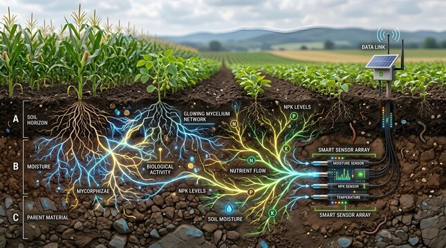 An infographic illustration of a corn field with a cross-section showing roots and underground technology for smart farming and soil health monitoring.