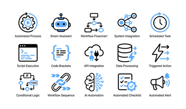 Automation and workflow icons depicting processes and integration