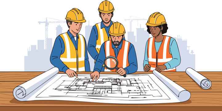 Professional Civil Engineers in Hard Hats Examining Building Plans on Wooden Table at Urban Construction Project Development Site
