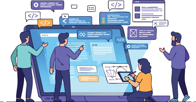 Professional Software Developers and Interface Specialists Collaborating Around a Large Glowing Laptop Screen With Digital Code Blocks