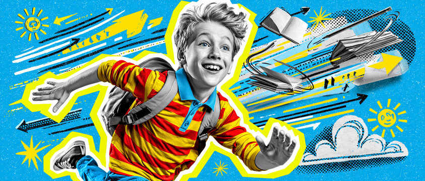 Joyful schoolboy running and flying through the air with a backpack and floating books on a bright blue background