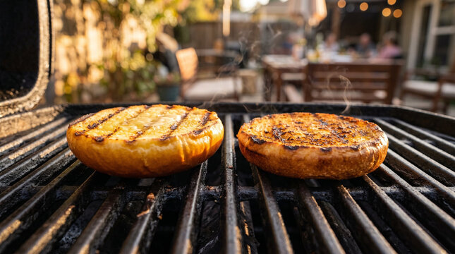 Fresh burger buns toasting on outdoor barbecue grill, representing summer garden party, weekend meal and home cooking