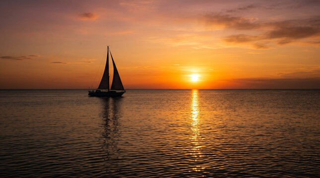 Sailboat silhouette floating on calm ocean during golden hour, representing freedom, adventure and peaceful travel against sunset sky with copy space