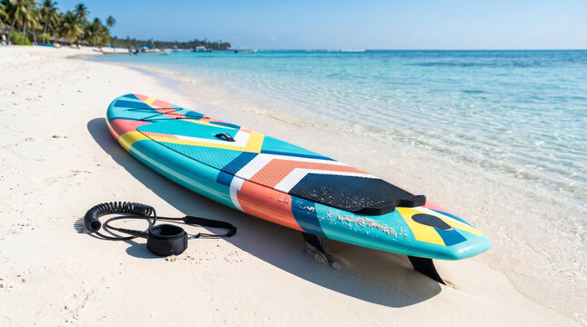 Colorful paddle board on white sand beach, representing summer water sport and coastal recreation against clear turquoise ocean background with copy space