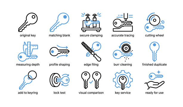Key duplication and cutting icons arranged in grid on white background