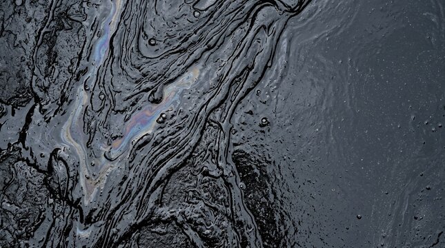 Oil slick with iridescent colors on dark, viscous liquid surface creating abstract patterns