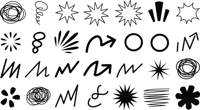 Collection of hand drawn black doodle including stars, arrows, scribbles, circles, and bursts for annotation and emphasis