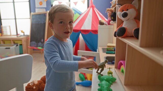 Boy using bare hand to hold a toy dinosaur on a shelf while placing figures and reaching, indoor playroom building; curiosity imagination.