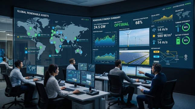 High-tech control room where experts monitor global renewable energy assets on large digital wall displays and multiple computer workstations.