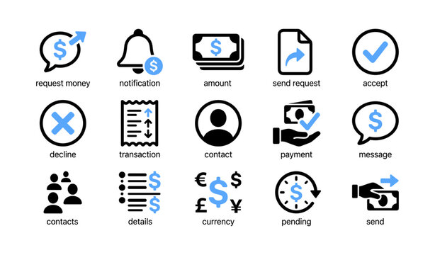 Monetary icons showing payment and request functions in grid