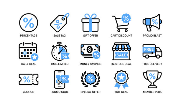 Discount and promotion icons representing retail offers