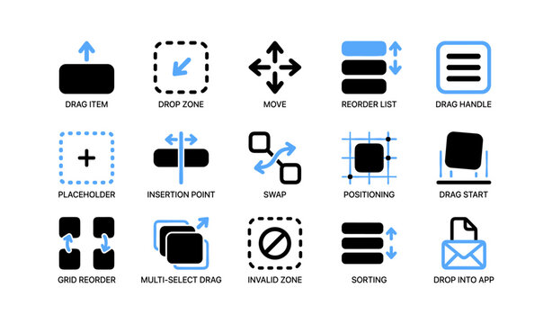 Drag and drop interface icons arranged on white background