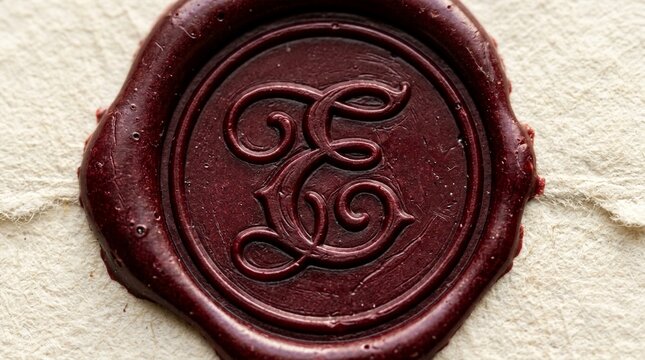 Close up of a vintage burgundy wax seal with a decorative letter 'E' monogram on textured paper