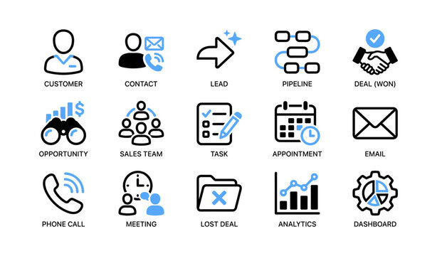 Crm icons depicting sales process and communication grid