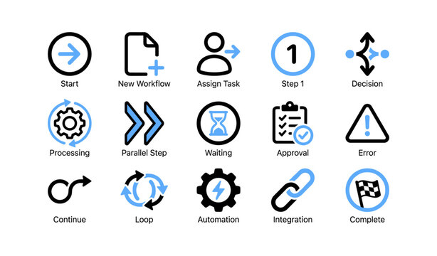 Workflow process icons illustrating steps and states on white background