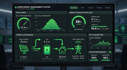 Fototapeta premium A high-tech digital dashboard displaying real-time data for a green energy management system, including solar generation and battery storage status.
