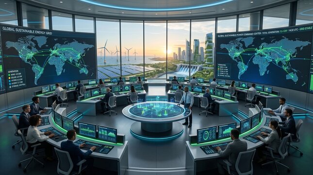 A futuristic command center monitoring a global sustainable energy grid, with views of wind farms, solar arrays, and a modern city at sunset.