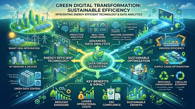 Infographic illustrating green digital transformation, covering sustainable tech, AI, IoT, circular economy, and energy-efficient data analytics.