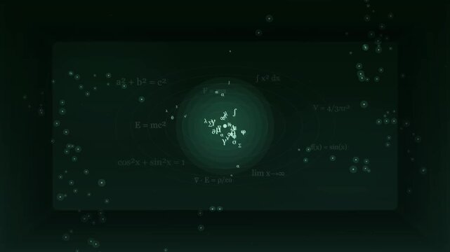 Emerald Mathematical Formula Flow with Glowing Symbols and Data Particles