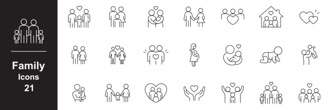 Family icon set. Containing parents, mother, father, children, baby, grandparents and household icons. Thin line vector illustration with editable stroke.