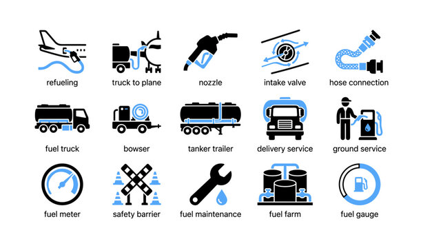 Aircraft refueling and fuel handling icons in a grid layout