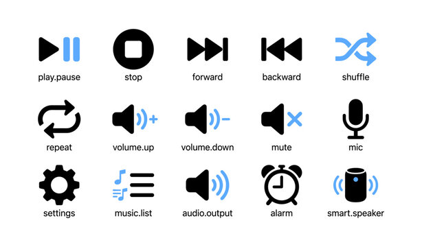 Media icons showing playback and audio controls on white background