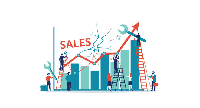Team of tiny people working together to fix and improve a sales graph with upward trend and arrow
