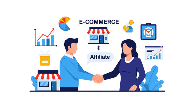 E-commerce affiliate marketing partnership concept. Business people shaking hands for successful online collaboration, digital marketing, and growth strategy.