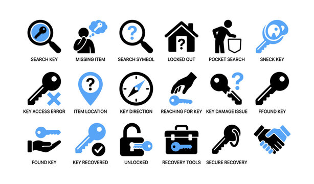 Key search and recovery icons showing lock and access actions