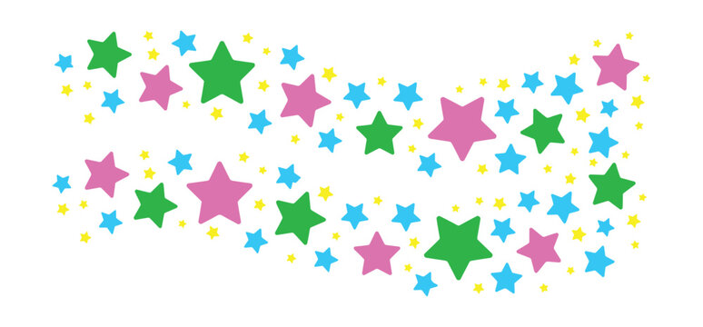 Starry Burst of Joy: A festive and cheerful scattering of colorful stars in green, pink, and blue, interspersed with small yellow dots.