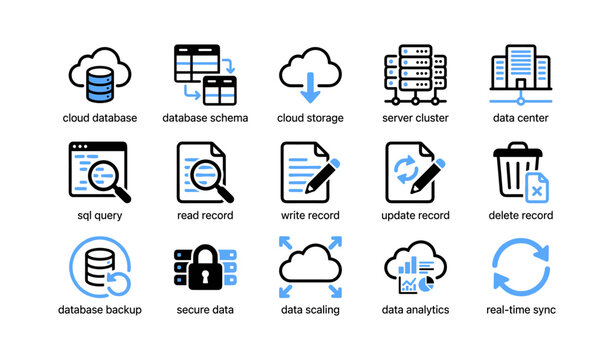 Database and cloud icons arranged on white grid layout