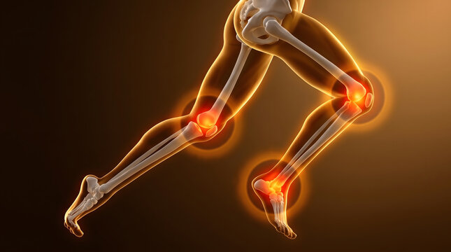Running legs anatomy with glowing orange knee and ankle joints showing pain points for medical illustration