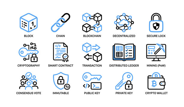 Blockchain and cryptocurrency icons displayed in a grid layout