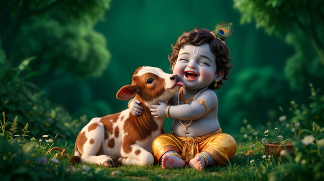 Baby Krishna laughing joyfully while sitting with a spotted calf in green forest