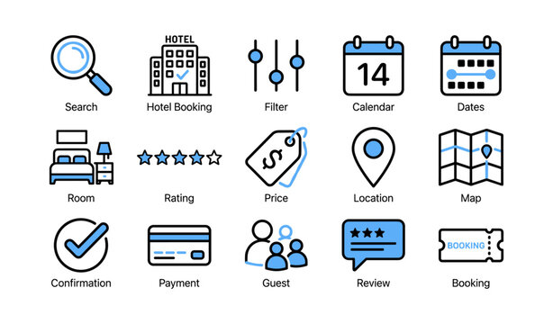Travel and hotel booking icons representing reservation actions