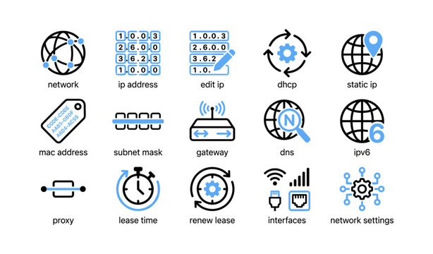 Network icons showing ip address, dhcp and gateway on white