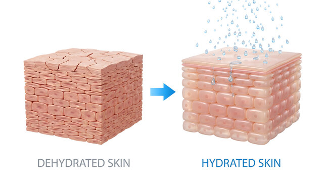 Dehydrated and hydrated skin cell comparison illustration showing moisture difference for cosmetic skincare science
