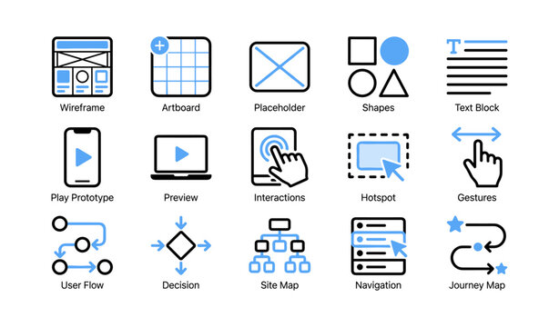 User interface icons representing prototyping and navigation on white
